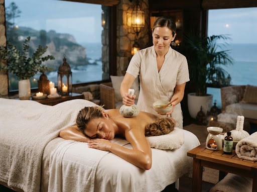 Therapist applying a hot herbal compress during the Full Body Renewal Ritual